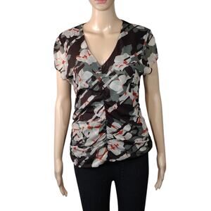 Kenneth Cole Reaction Brown Green Orange Floral Cinched Short Sleeve Sheer Shirt